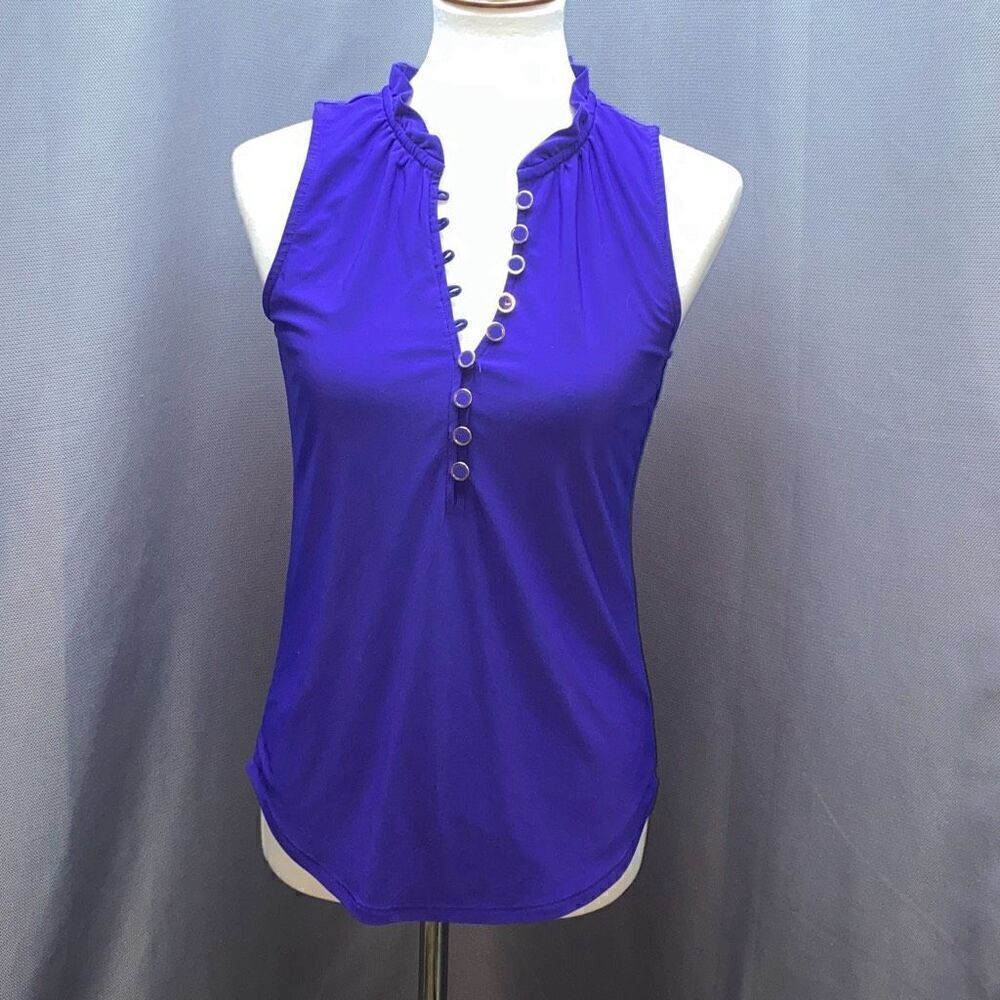 NWT White House Black Market WHBM Purple ruffle sleeve button top XS